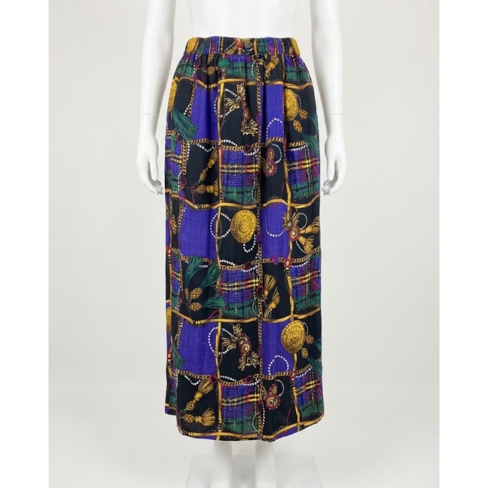 Jerri Sherman Vintage 100% Wool Maxi Skirt Scarf Print Chain Tassel Blue Gold 12